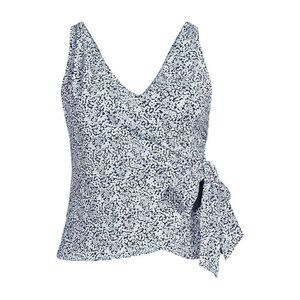 Land's End Plus Size tankini top side tie V-neck white navy Ditsy lilies Var